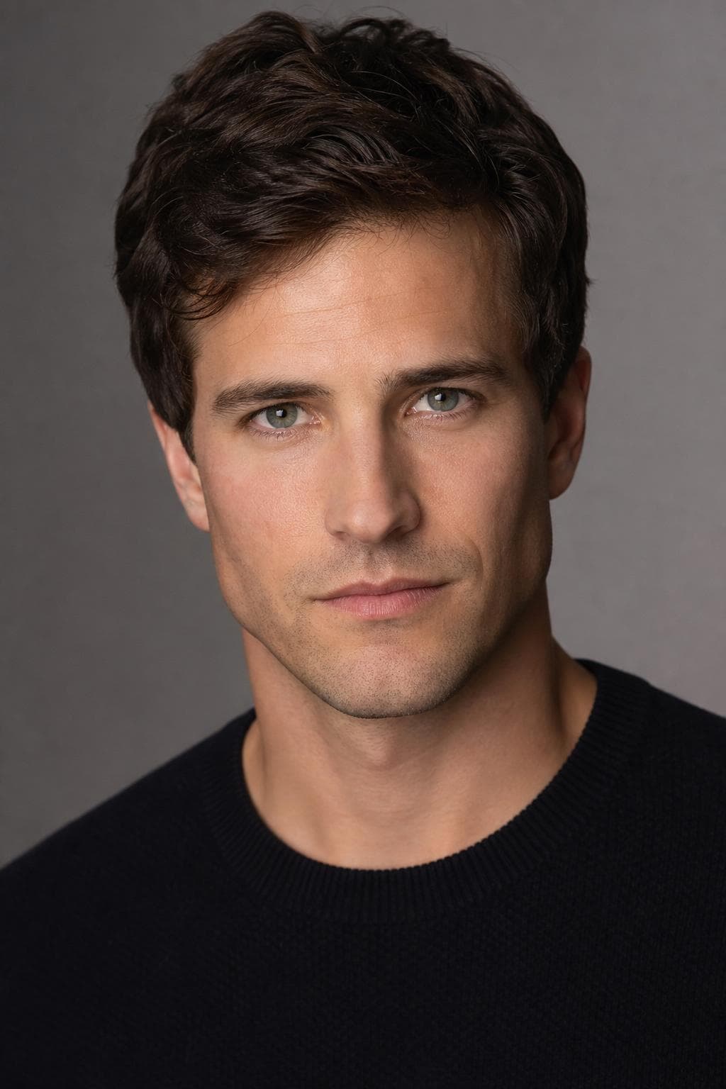 AI headshot in actor style — direct gaze, butterfly lighting, sharp 85mm focus