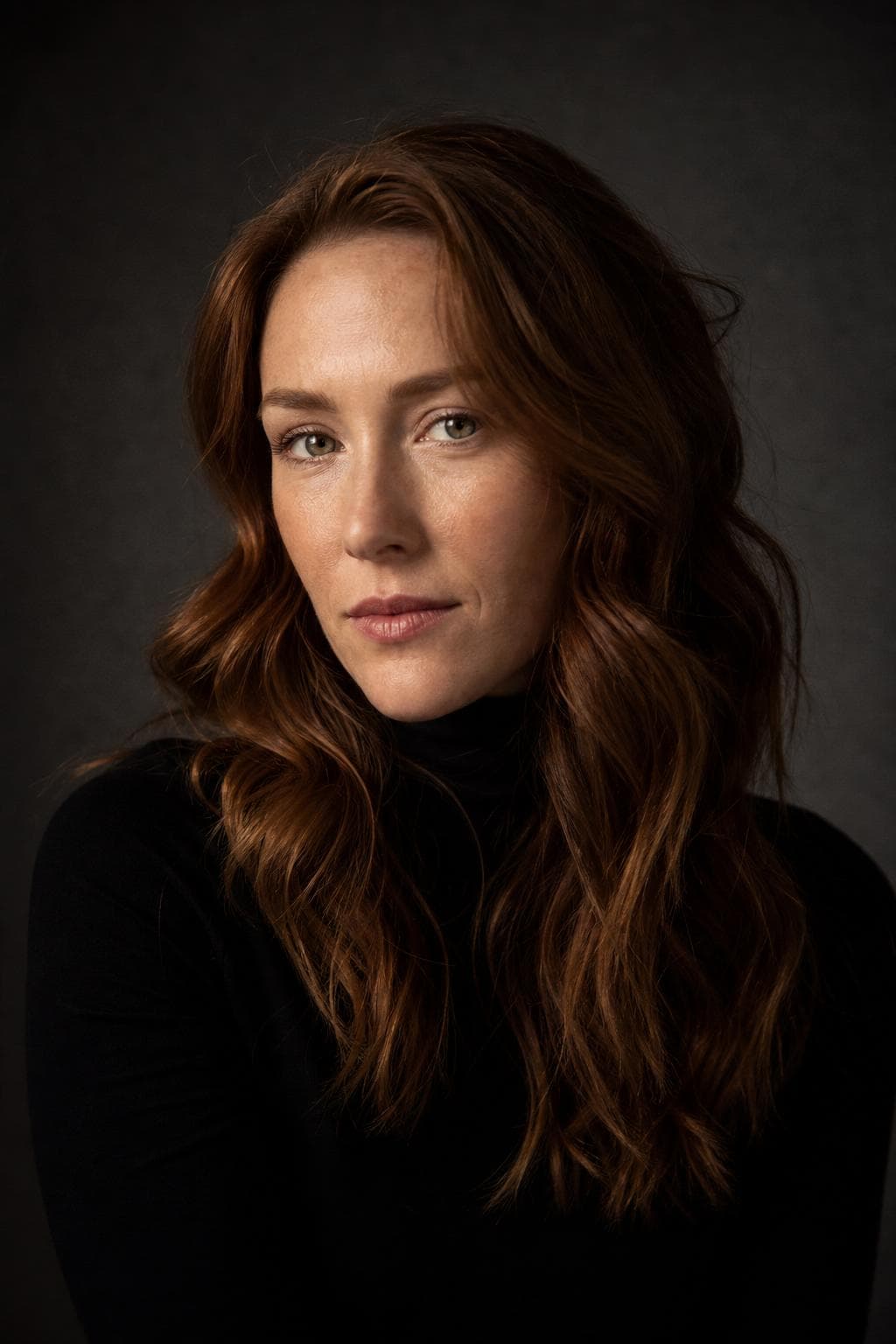 AI headshot in creative style — woman in black turtleneck, Rembrandt lighting