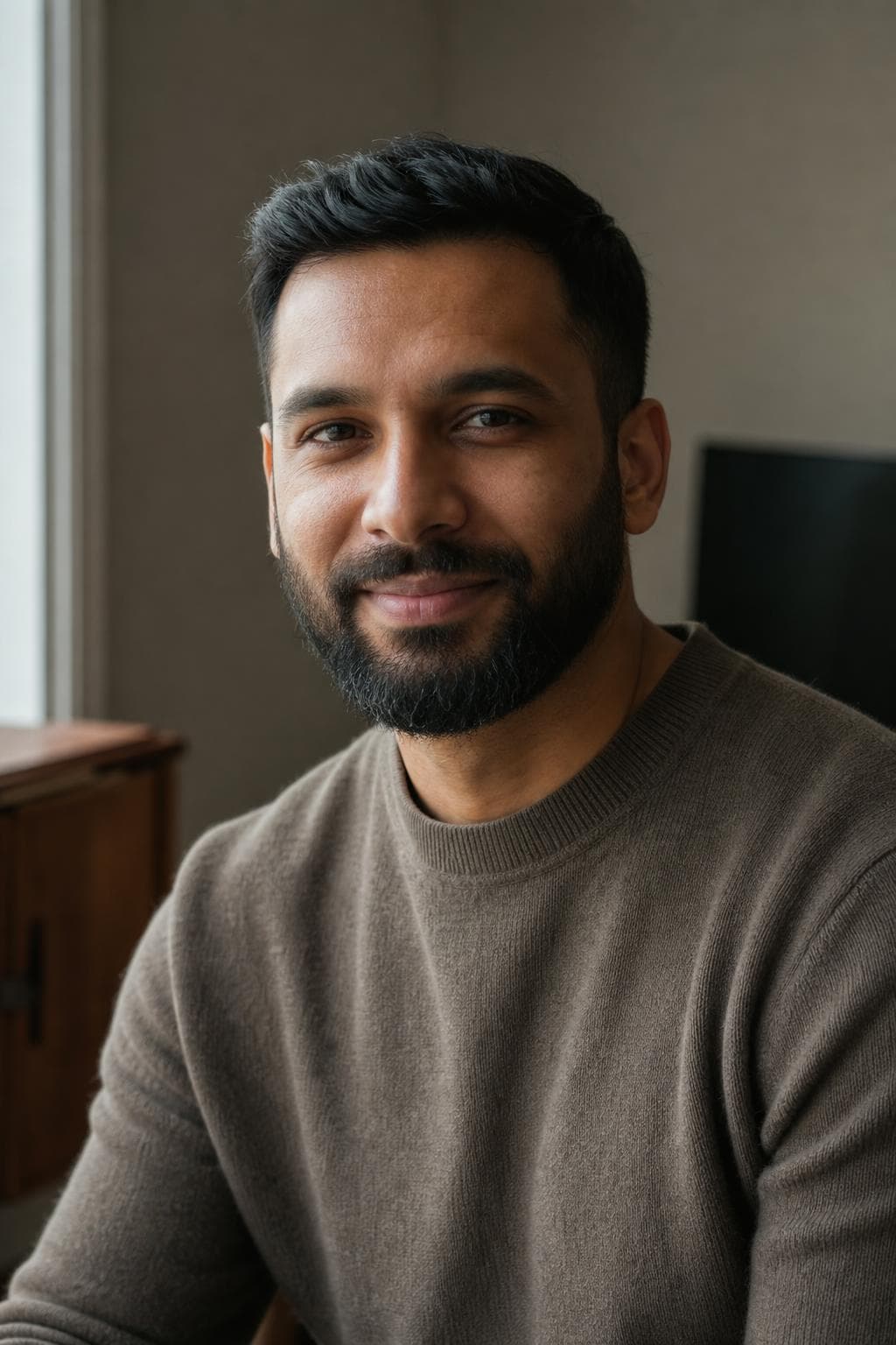 AI headshot in daylight style — muted knit sweater, warm interior, directional window light