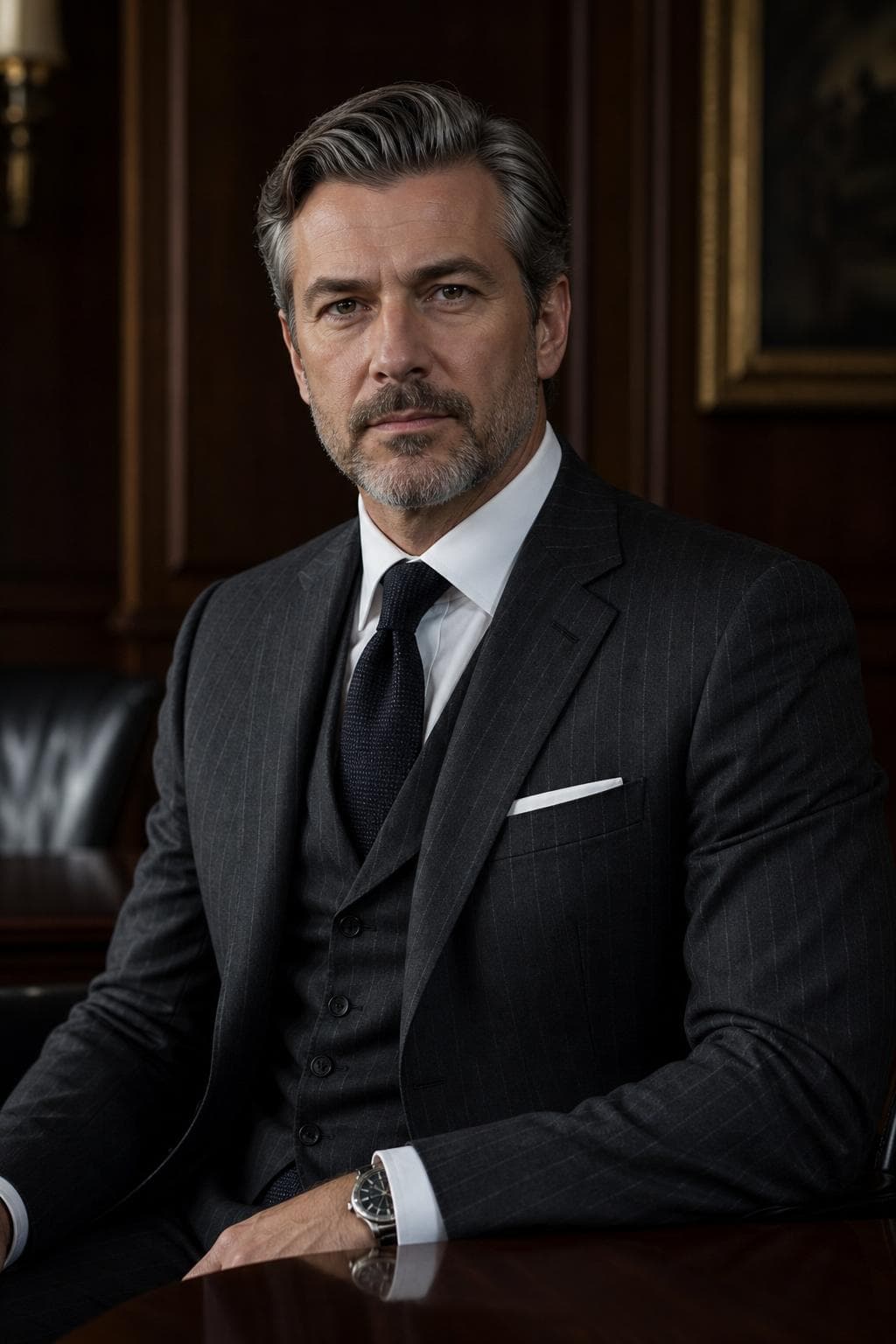 AI headshot in executive style — man in charcoal pinstripe suit, boardroom background