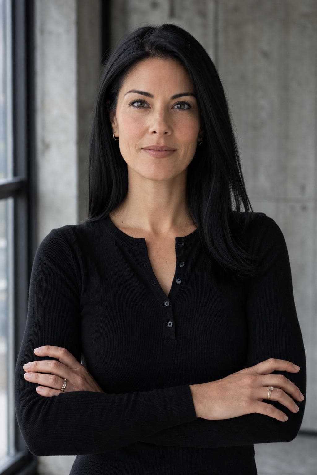 AI headshot in founder style — woman in dark henley, concrete loft background