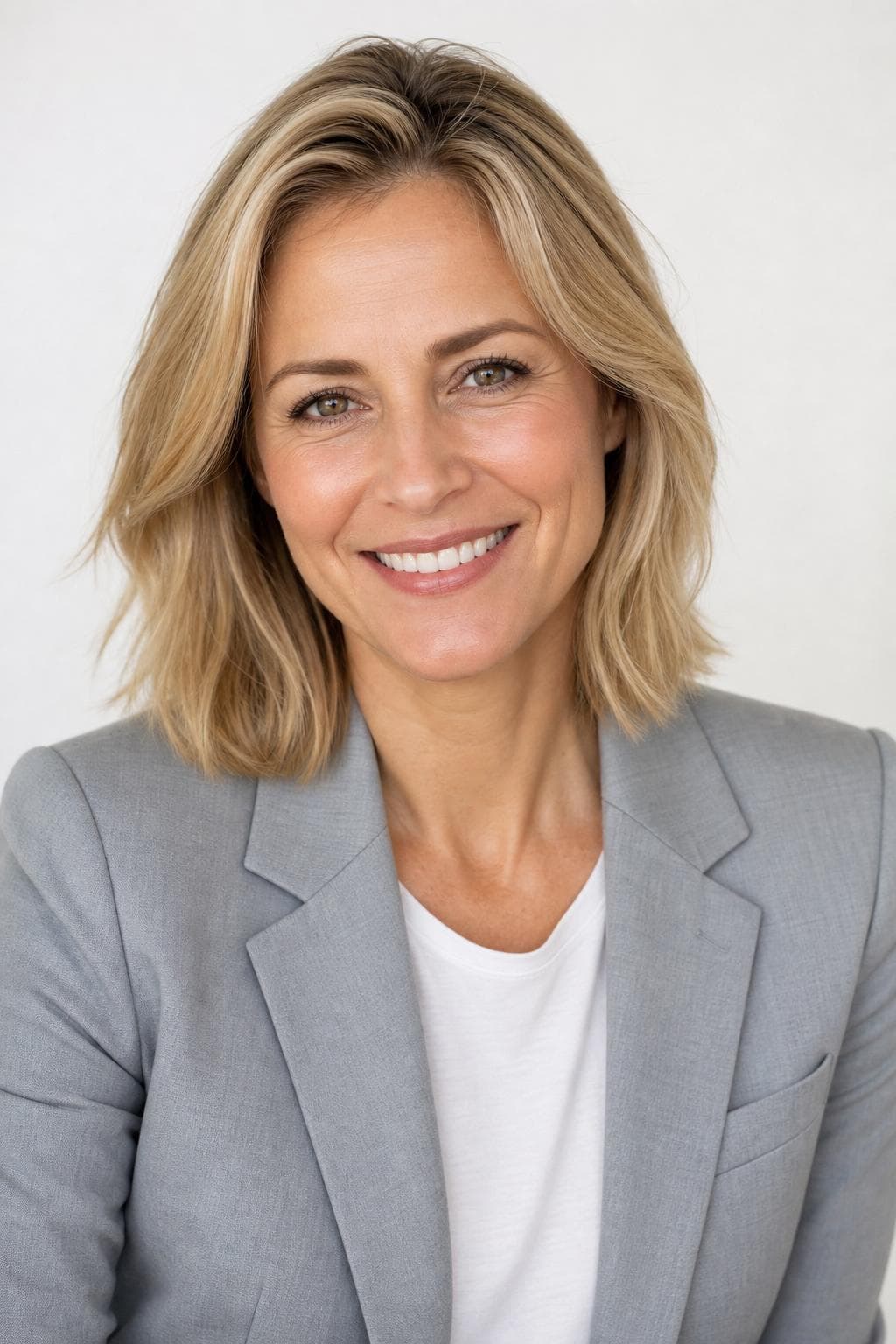 AI headshot in friendly style — woman in light grey blazer, bright studio lighting