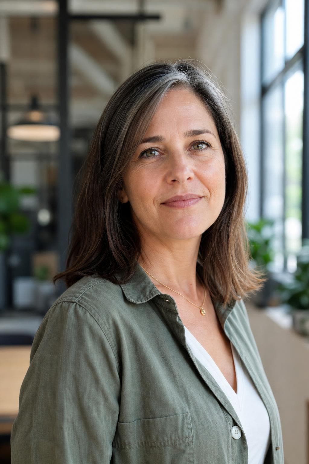 AI headshot in on location style — open-collar shirt, bright modern workspace out of focus behind