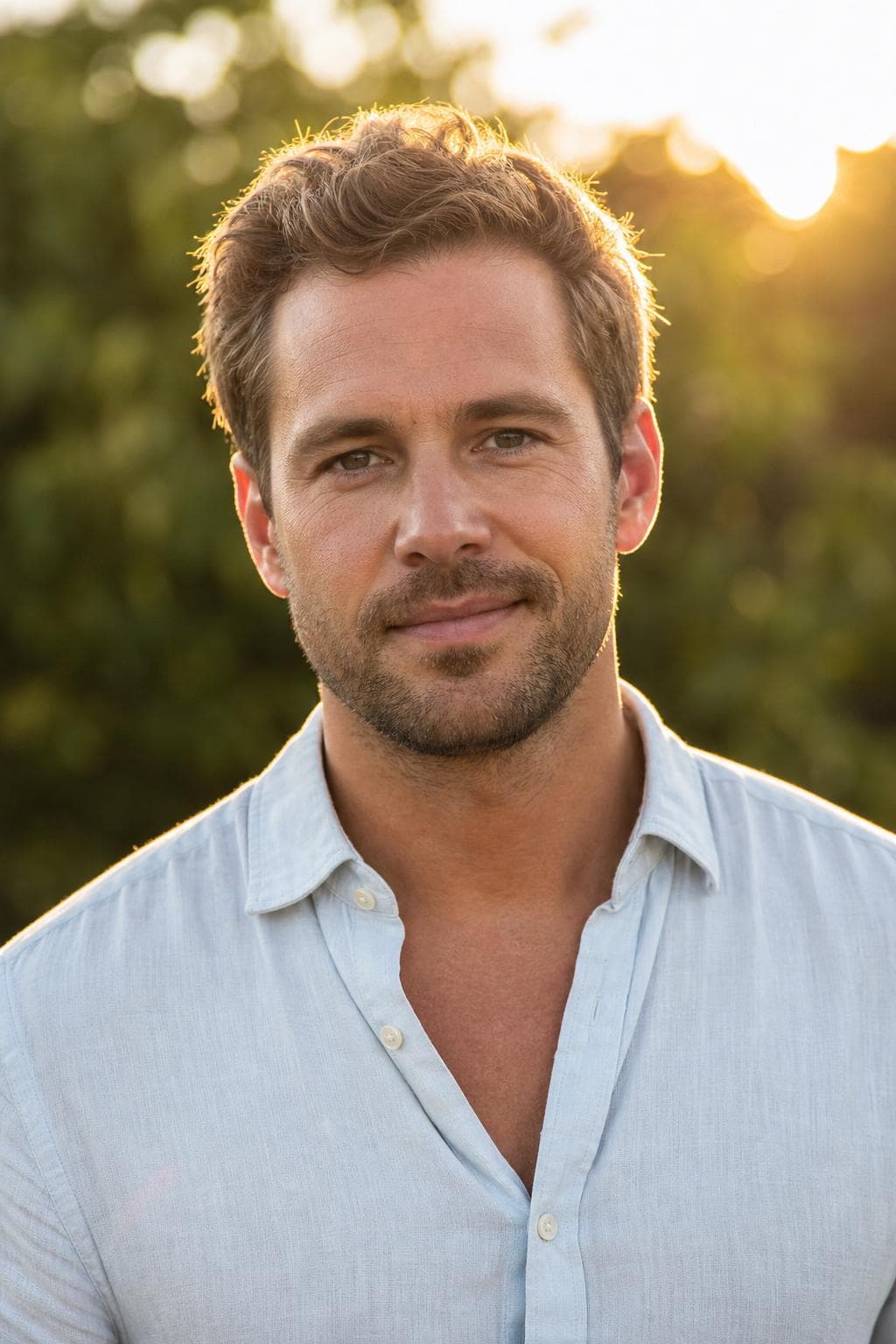 AI headshot in outdoor style — man in linen shirt, golden-hour foliage background