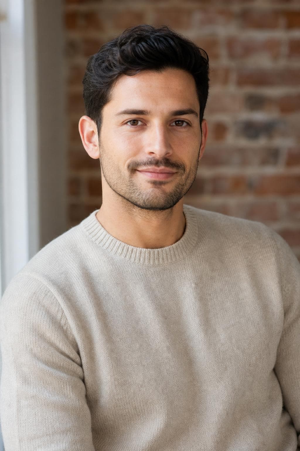 AI headshot in startup style — man in crew-neck sweater, exposed-brick wall