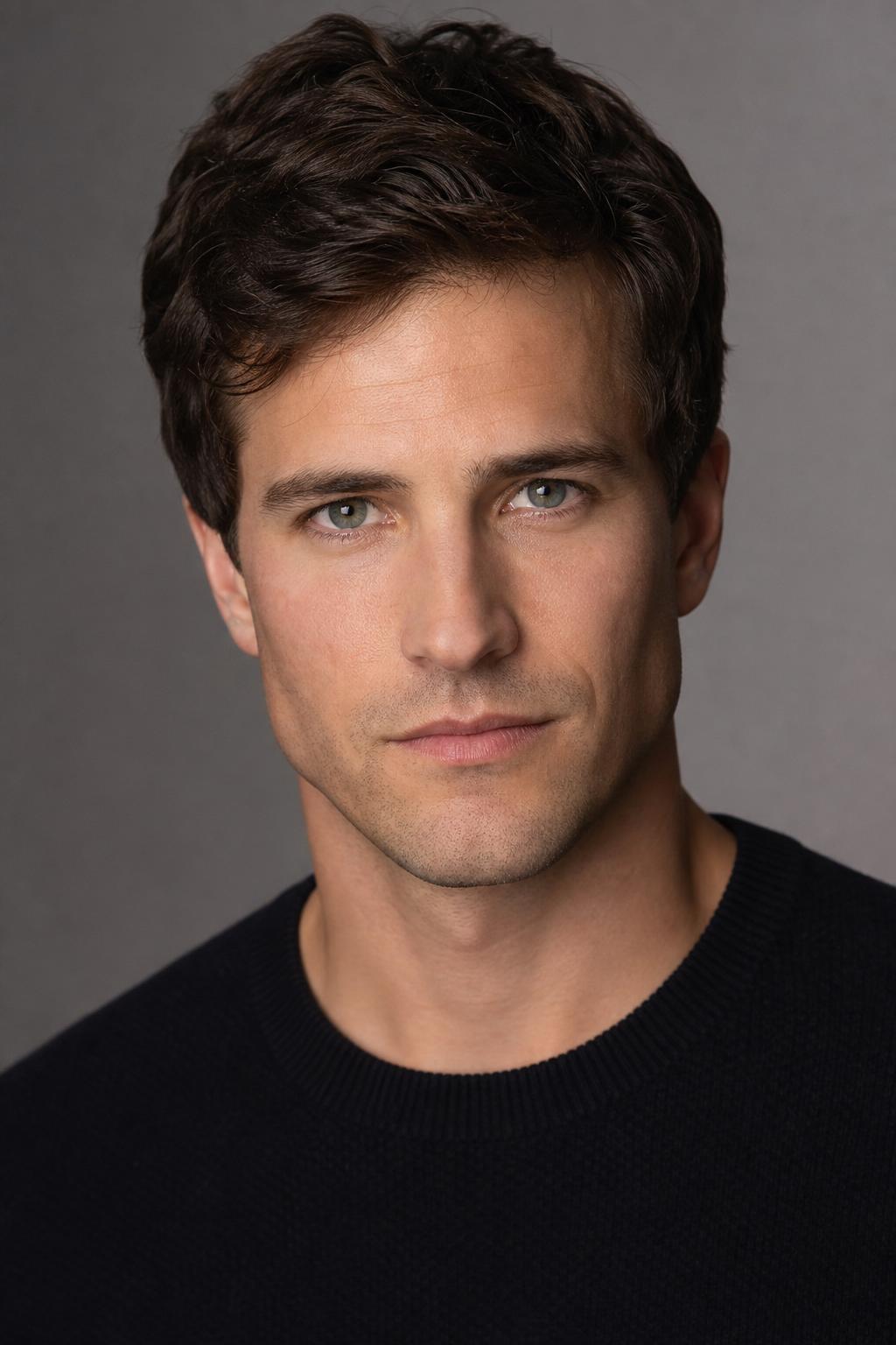 AI headshot in actor style — direct gaze, butterfly lighting, sharp 85mm focus