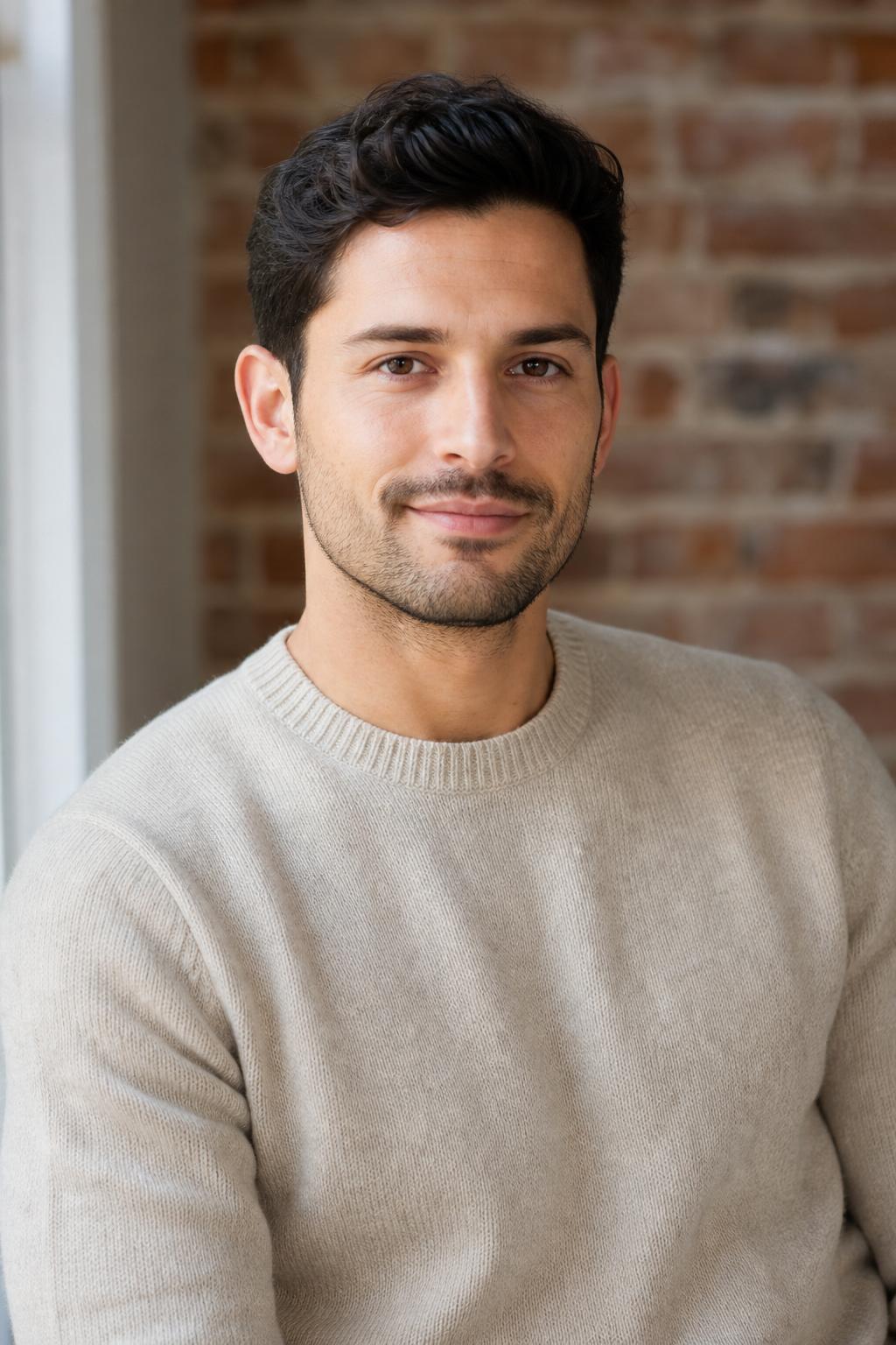 AI headshot in startup style — man in crew-neck sweater, exposed-brick wall